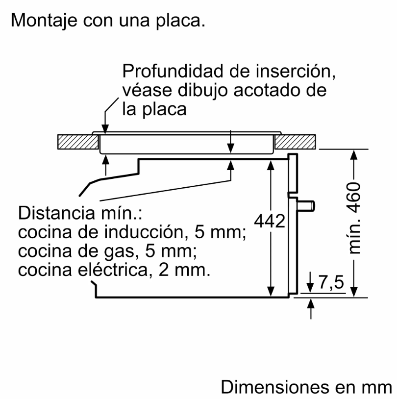 Dibujo técnico con dimensiones en mm. Texto en español. Muestra un diagrama de instalación.