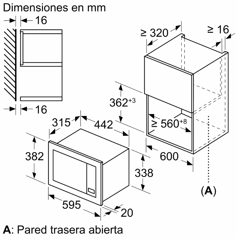 Dibujo técnico de un horno microondas con dimensiones y detalle de la parte trasera abierta.