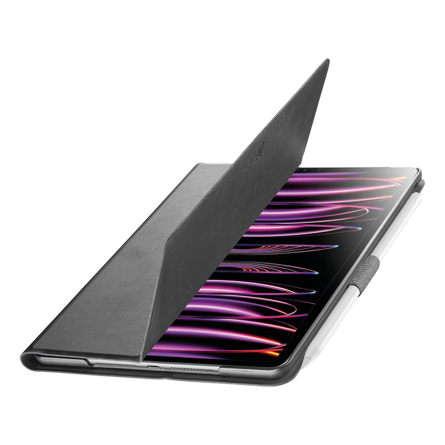 An iPad Pro with a black case and a pencil. The cover is open.