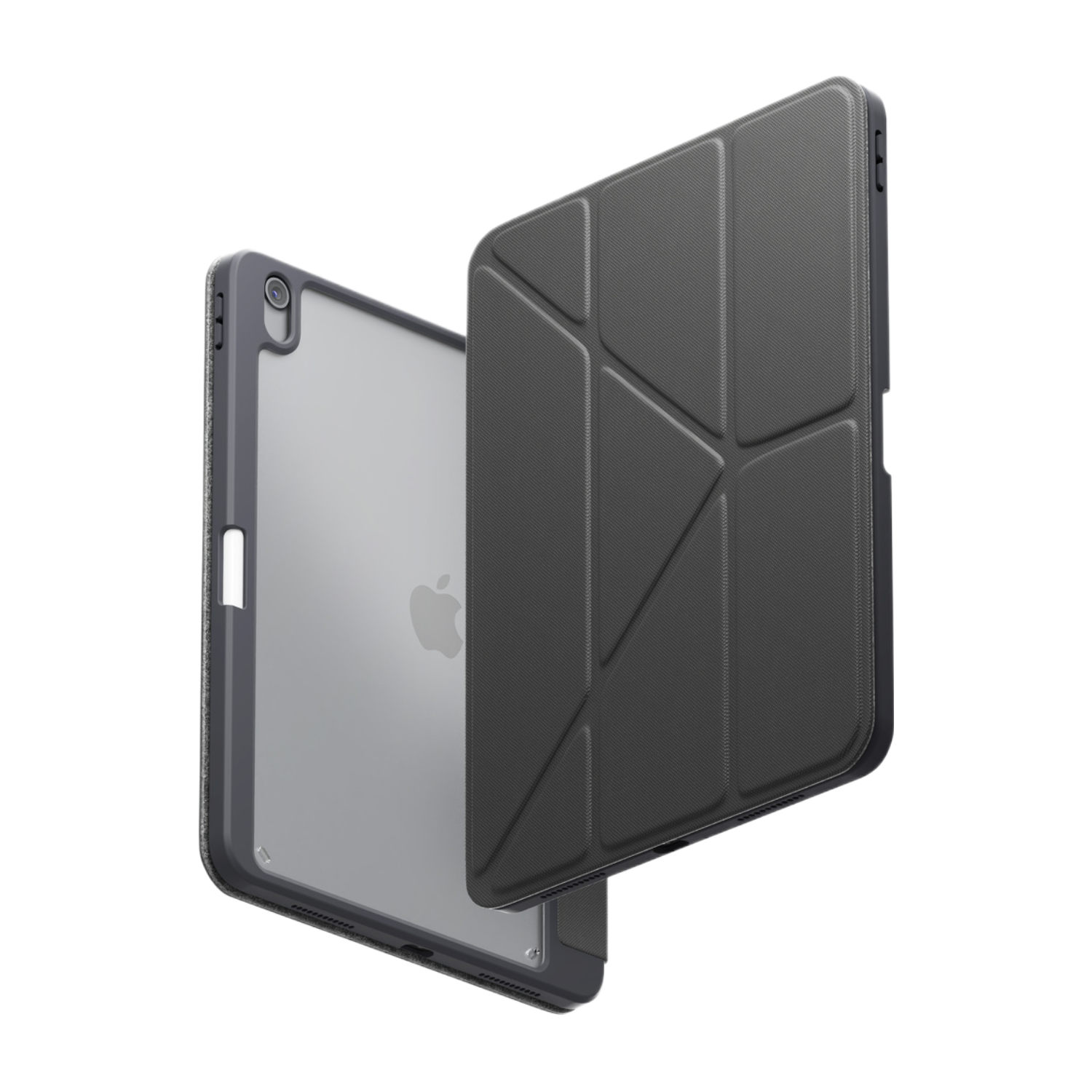 Étui iPad avec un cadre gris et une couverture gris foncé.