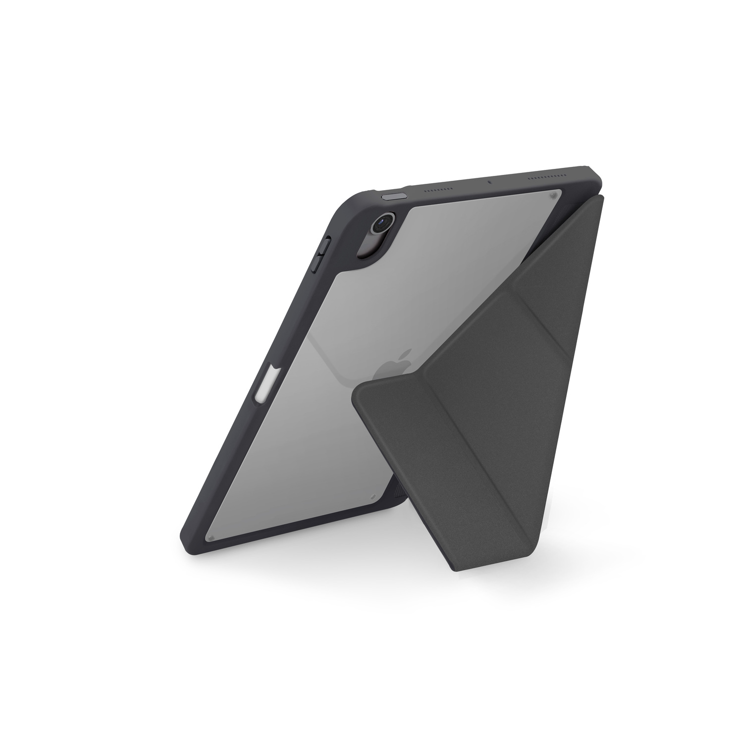 Tablette noire avec une housse pliée sur une surface blanche. Logo Apple visible.