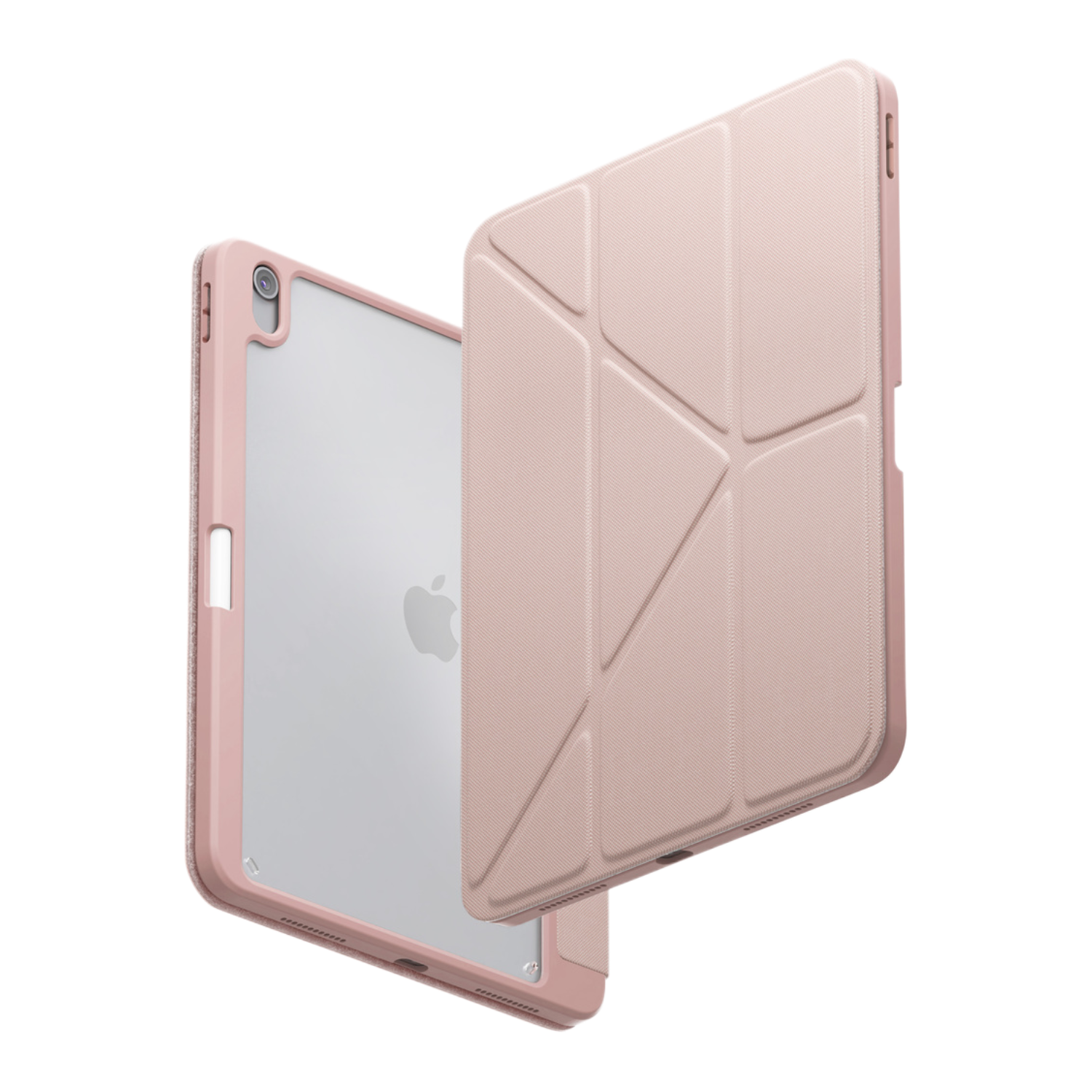 Étui pour tablette, couleur rose, avec un dos transparent et une couverture avant pliable.