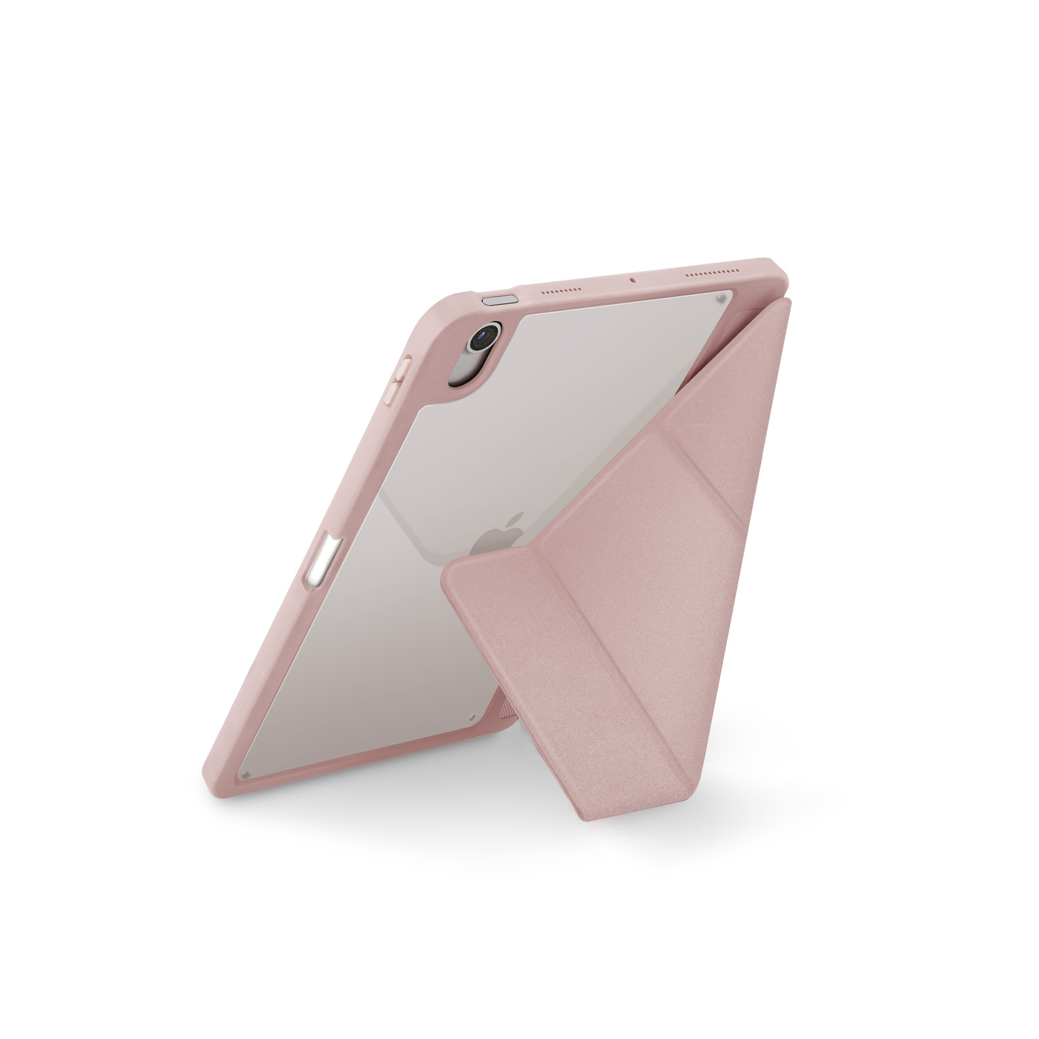 Housse d'iPad rose avec dos transparent et support plié. Fond blanc.