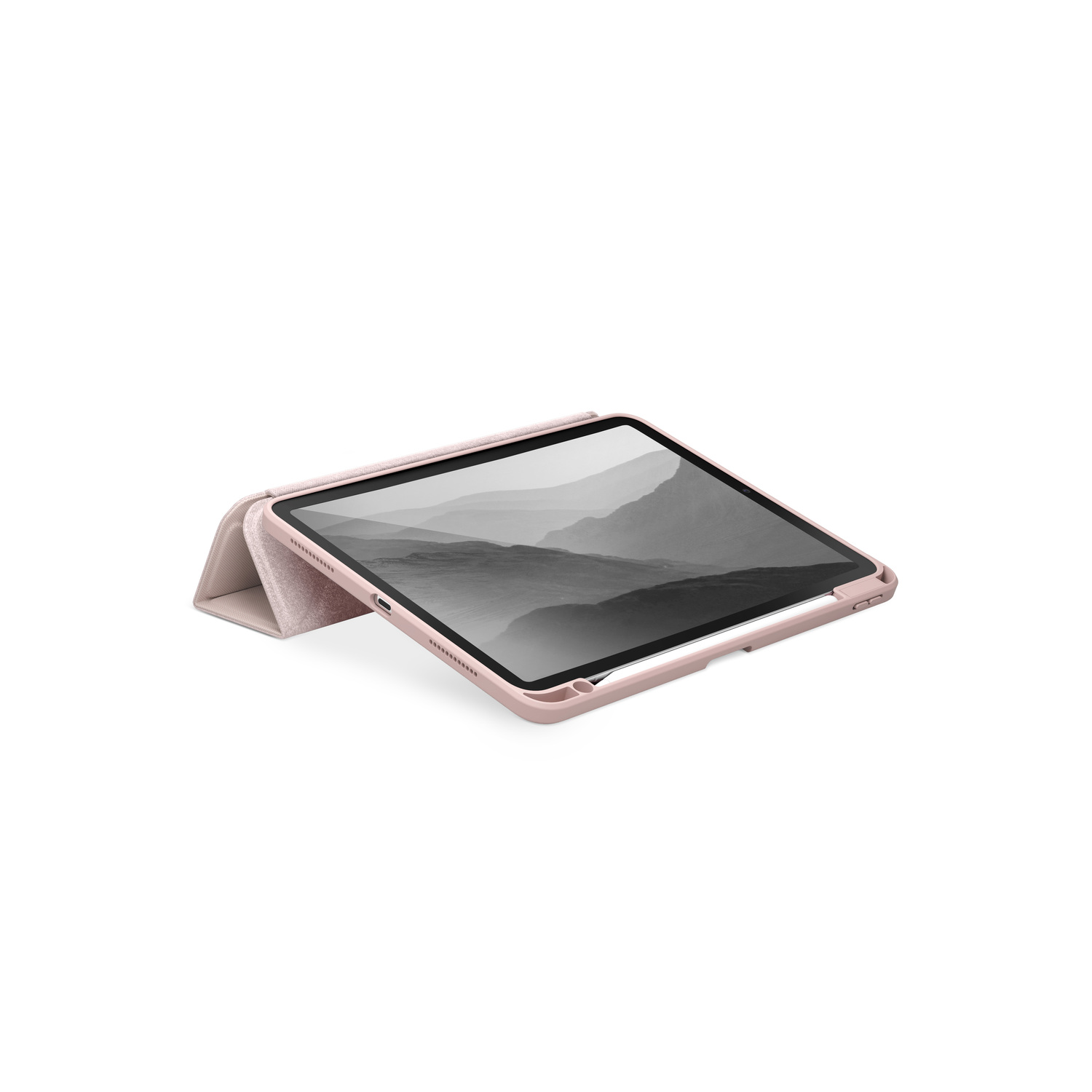 Tablette avec un étui rose, posée sur un support. L'écran affiche un paysage en niveaux de gris.
