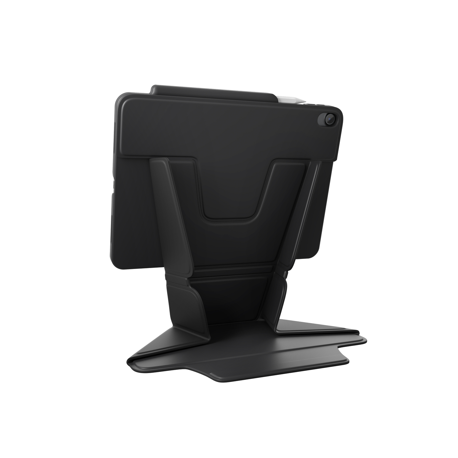 Tablette noire sur un support, vue arrière. Le support est également noir.