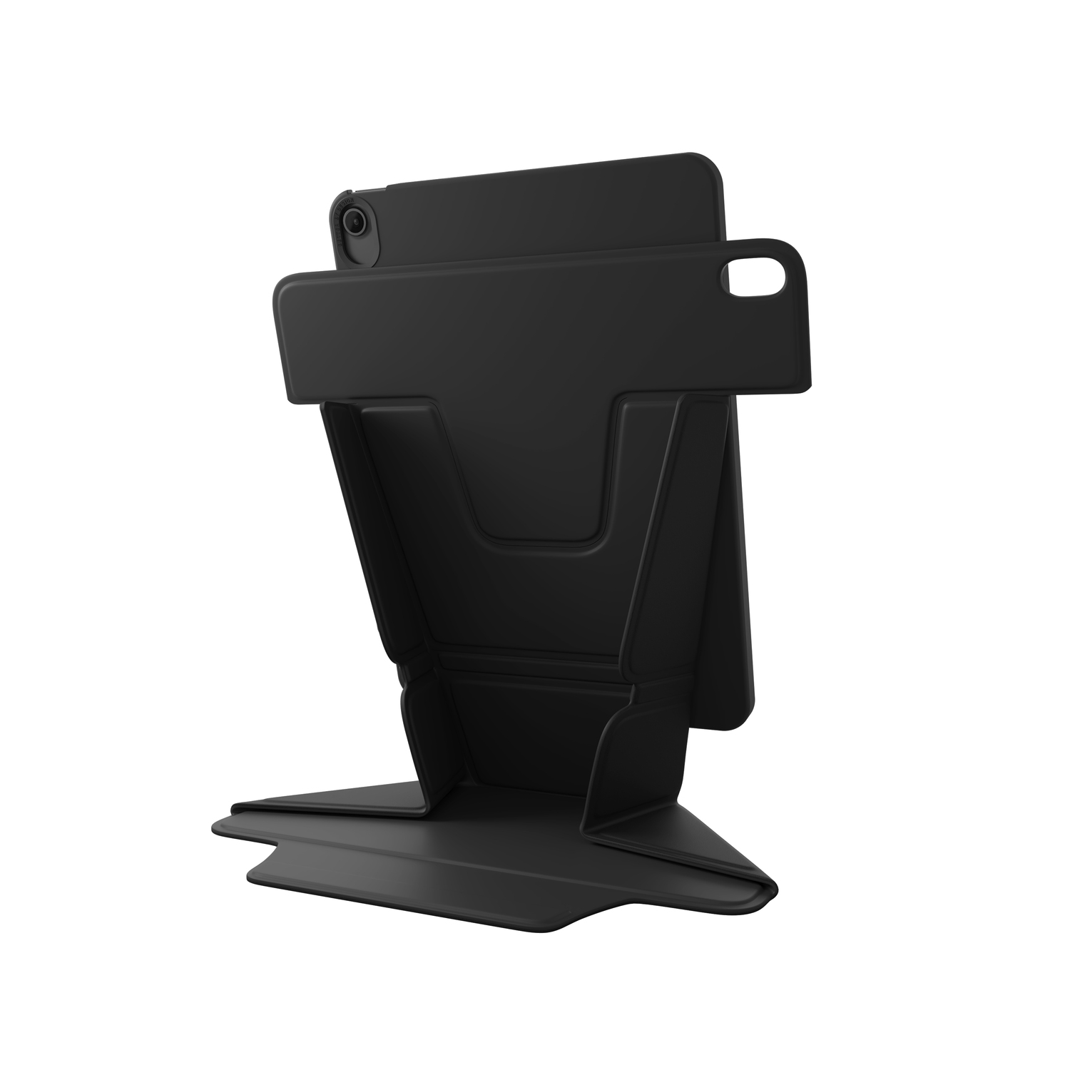 Support de tablette noir plié. Comprend une tablette avec caméra et support.