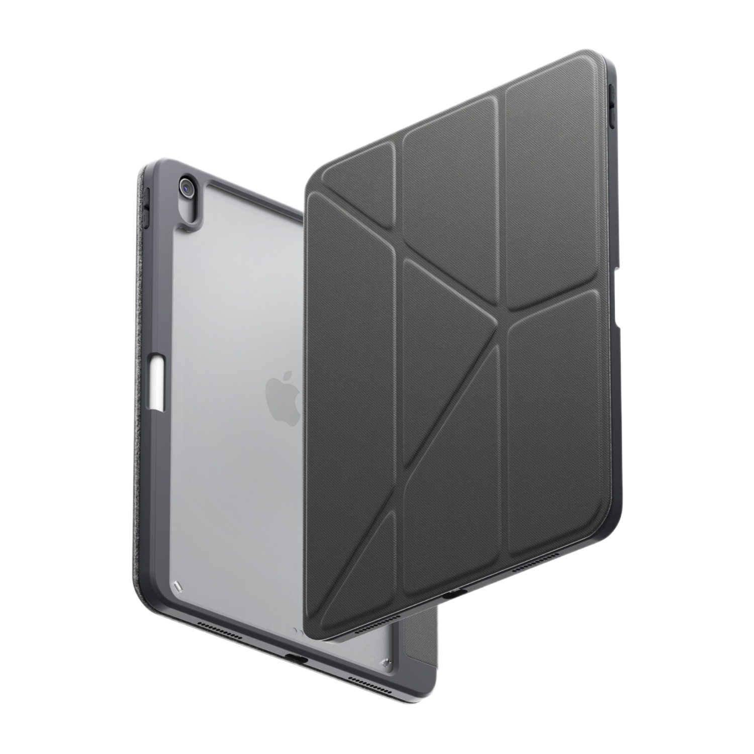 Étui pour iPad, cadre gris, dos transparent et couverture fermée.
