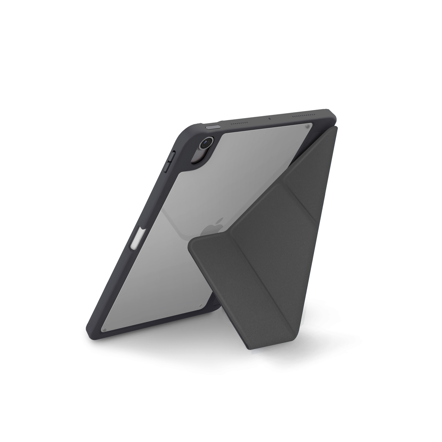Une coque d'iPad gris foncé avec un dos transparent, posée en position debout sur une surface blanche.