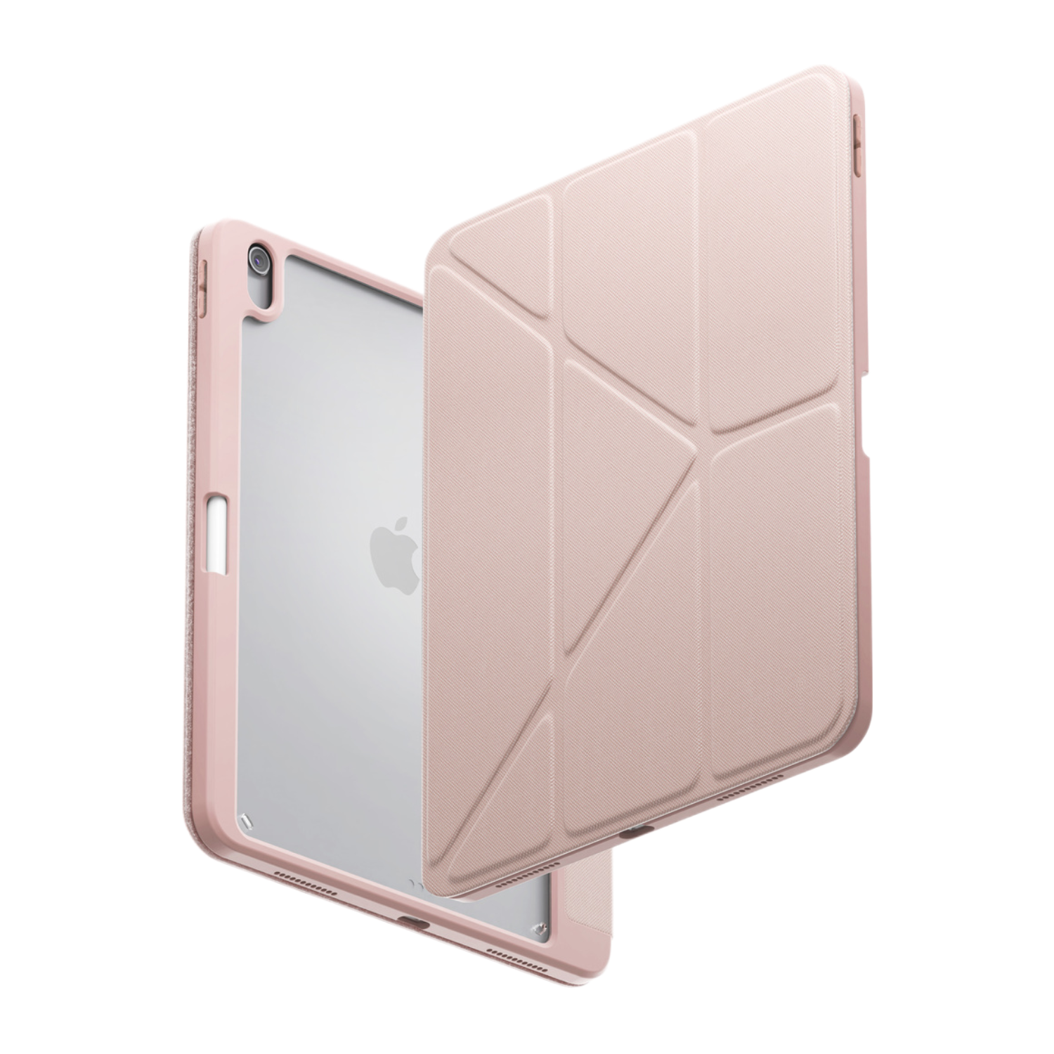 Coque d'iPad rose, ouverte. L'iPad est visible avec le logo Apple. La coque est repliée.