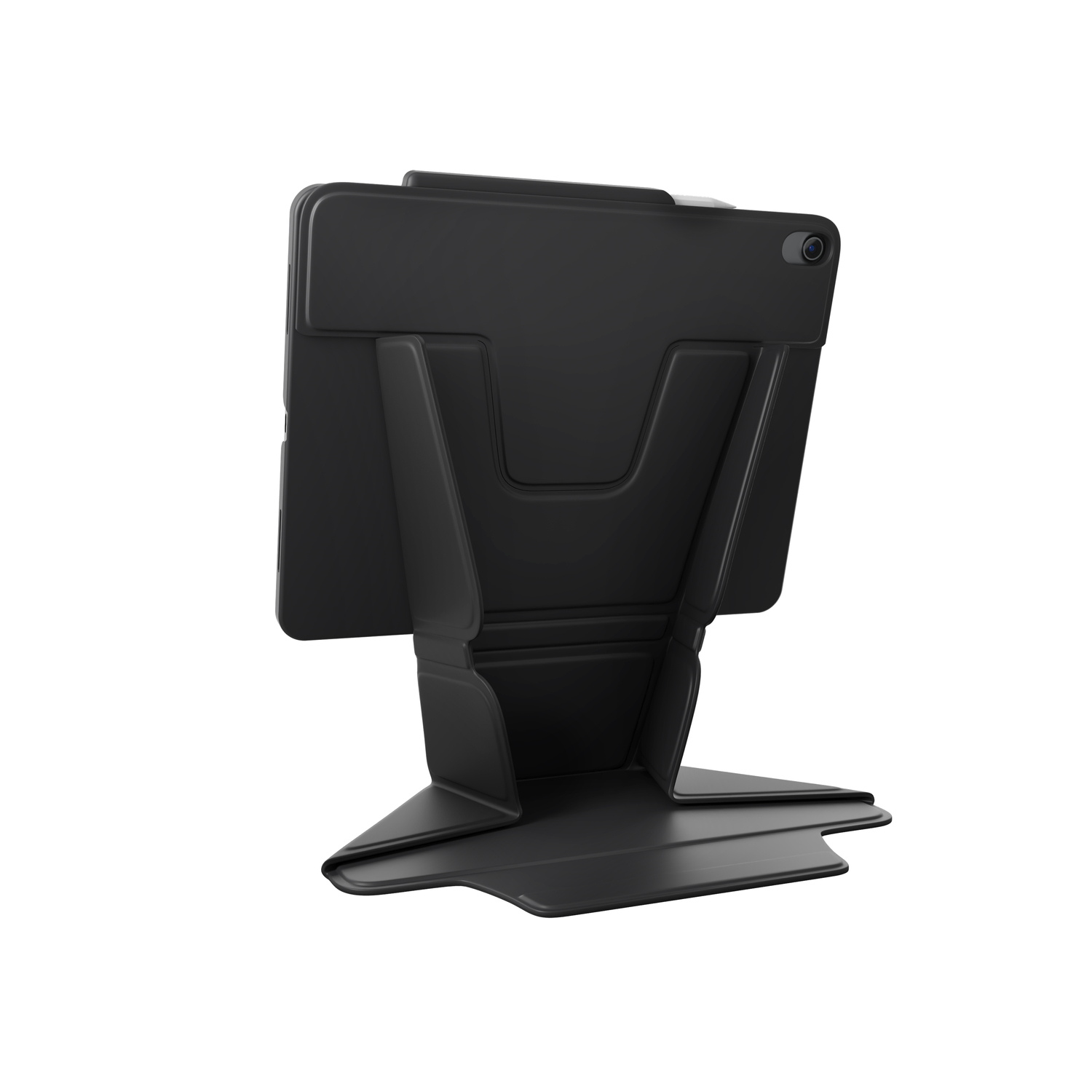 Une housse de tablette noire avec un design de support, vue de dos.