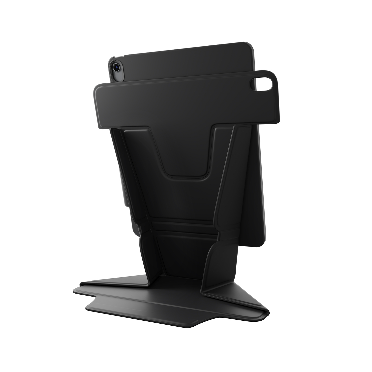Support de tablette noir, incliné avec une tablette à l'intérieur.