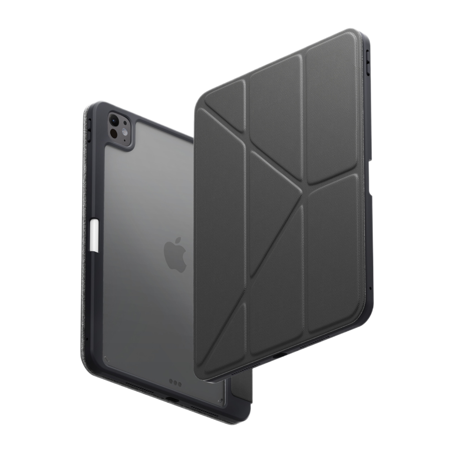 Étui iPad noir avec un dos transparent révélant le logo Apple, avec le couvercle partiellement ouvert.