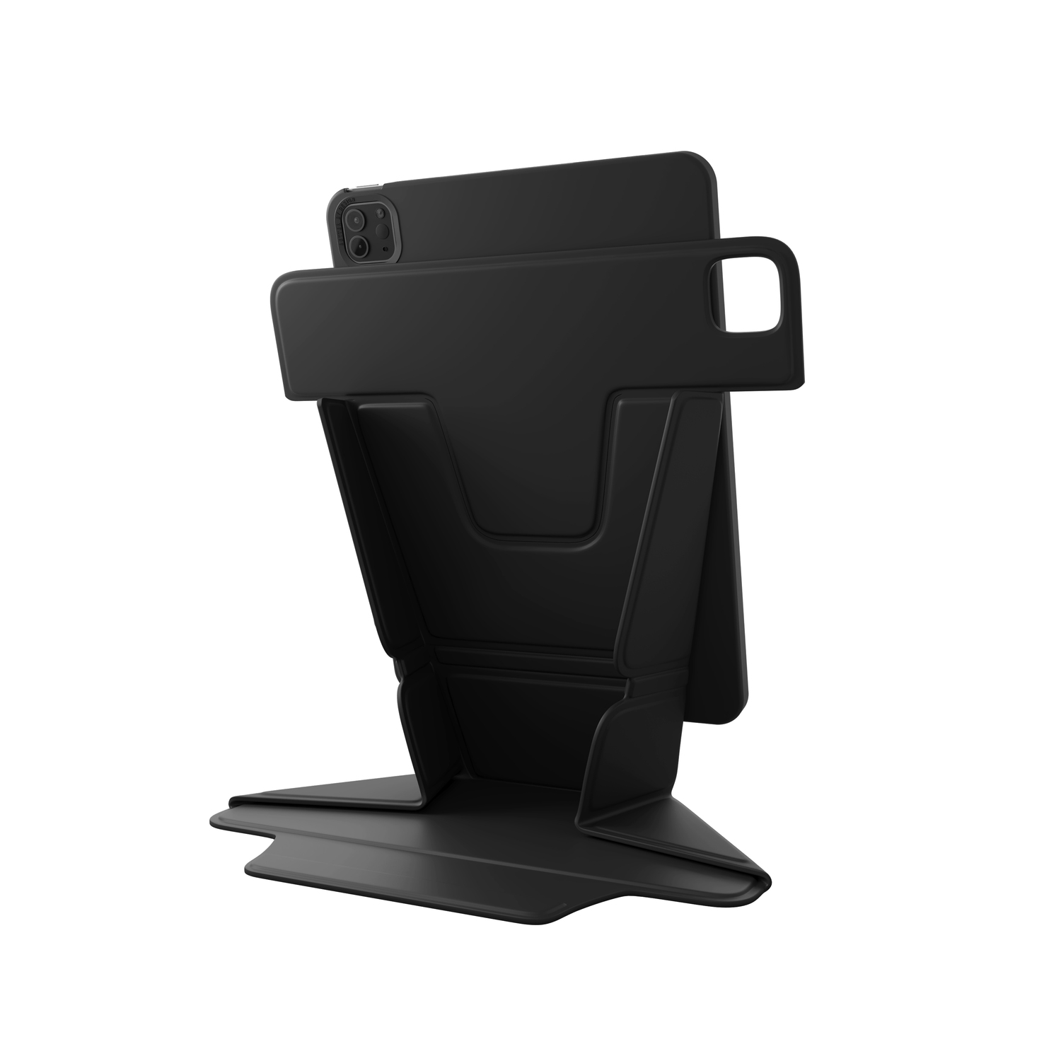 Zwarte telefoonstandaard met een telefoon erin. De standaard is opgevouwen, met een telefoon.