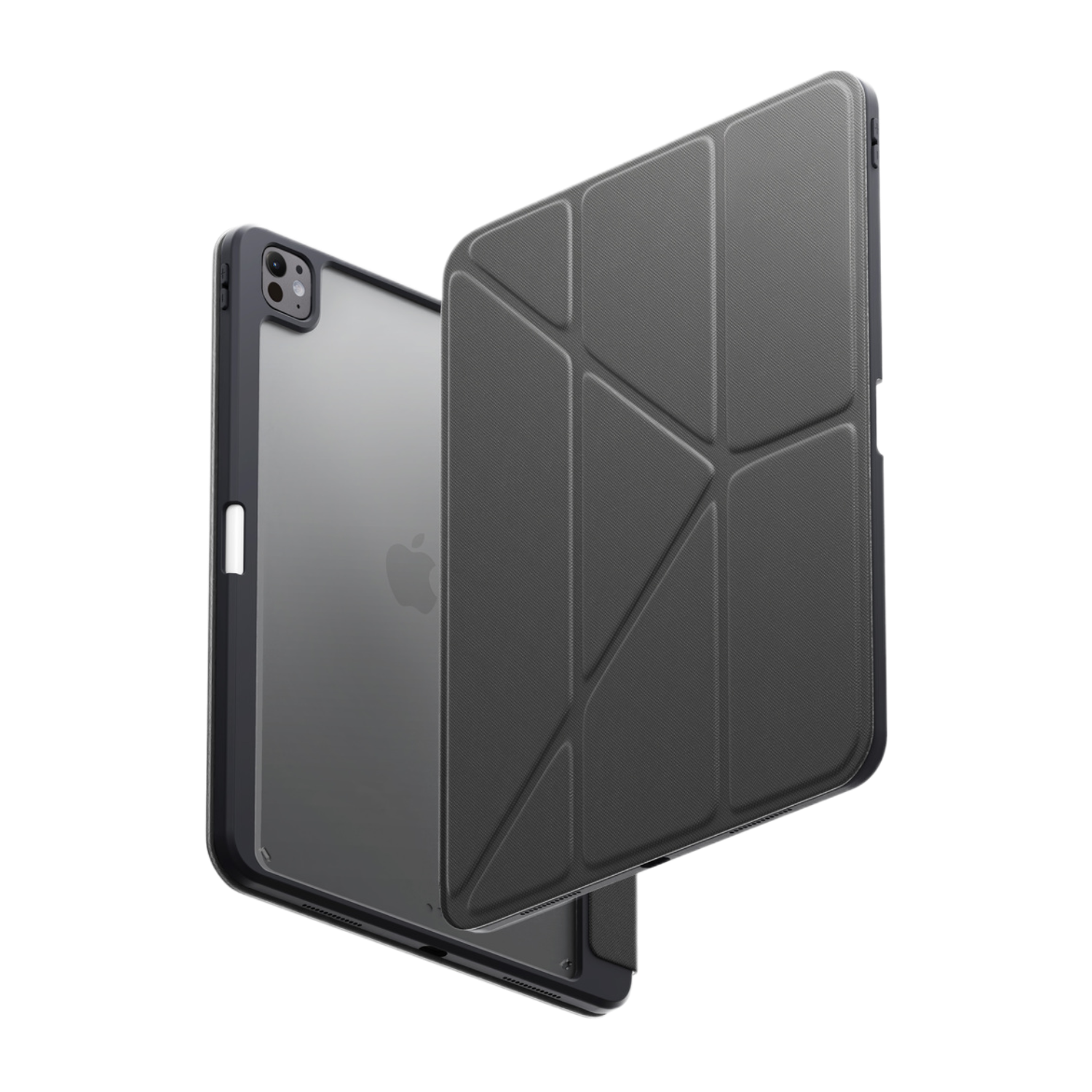 Coque d'iPad noire, ouverte. L'iPad est visible avec le logo Apple. La coque est repliée.
