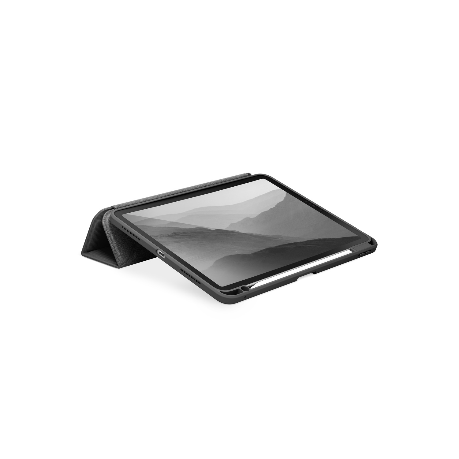 Tablette dans un étui noir, ouverte en angle sur une surface blanche. L'écran affiche un paysage en niveaux de gris.