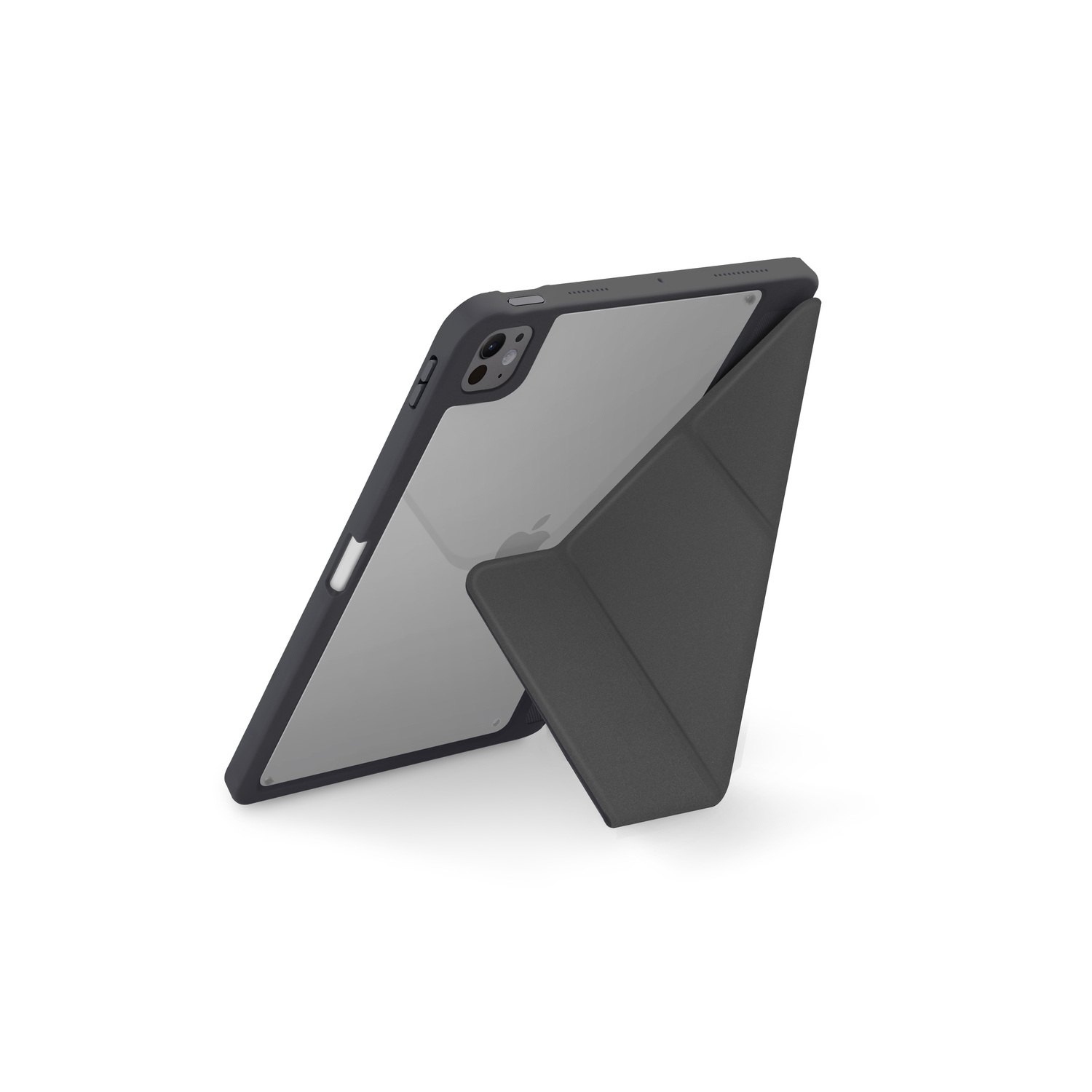 Tablette dans un étui noir, vue en angle. Logo Apple visible. Étui avec rabat.