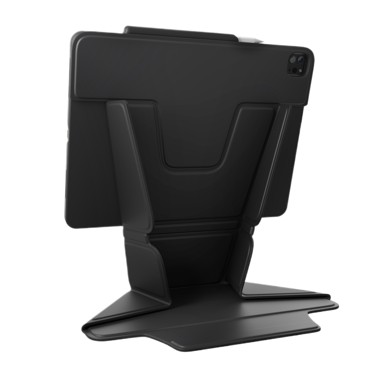 Une tablette noire avec un support noir, sur fond noir.