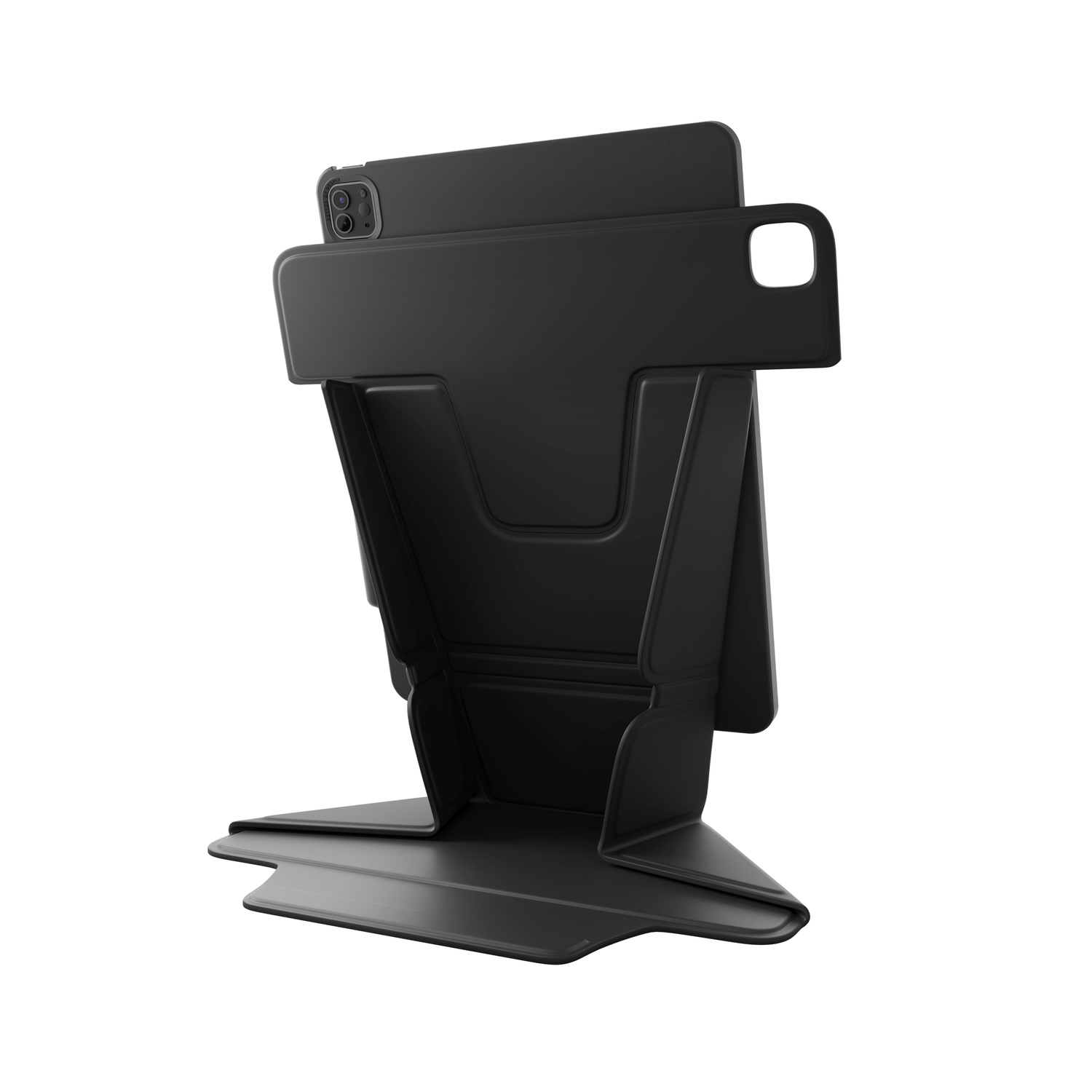 Un support de tablette noir tenant une tablette. Le support est sur une surface blanche.
