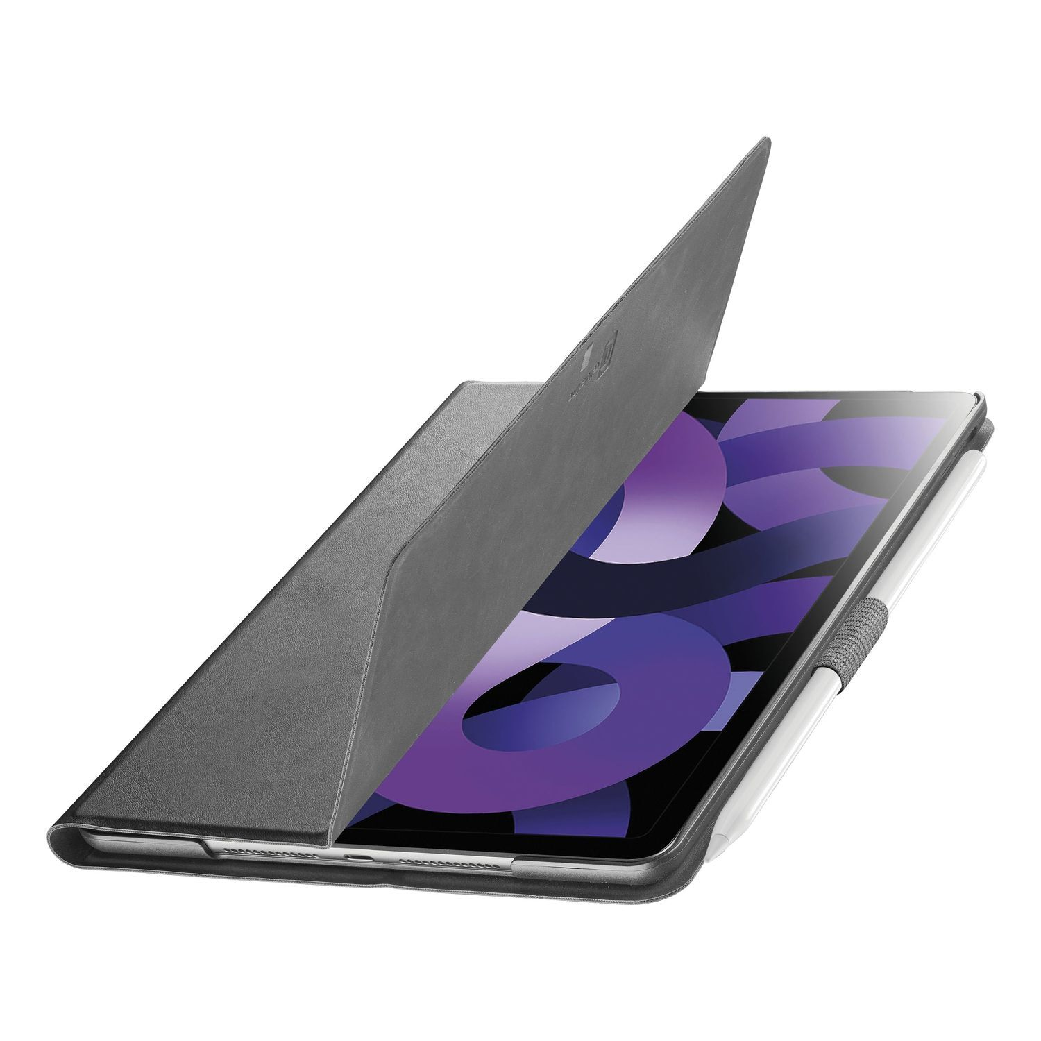 Black tablet case with an open cover and a white stylus. The tablet screen is visible.