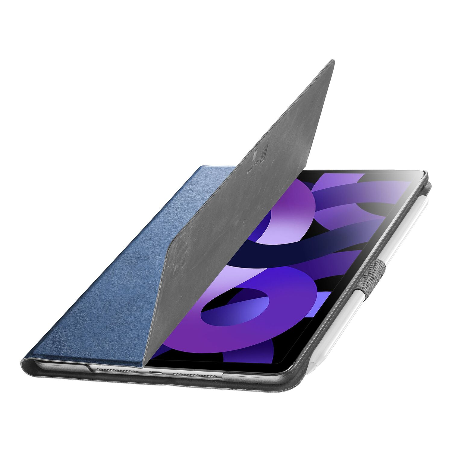 A tablet with a blue cover, open. A white pen is also on the side.