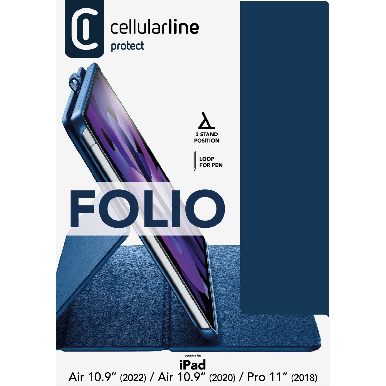 A blue folio case for an iPad, with the cellularline logo.