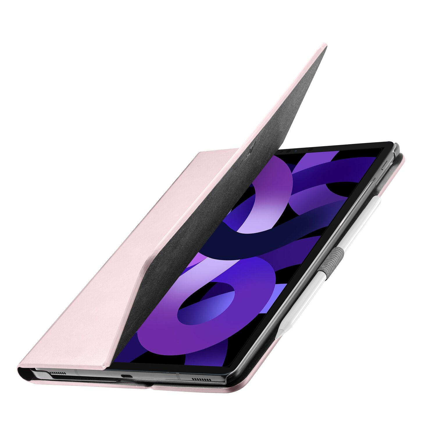A light pink tablet with a case opened to reveal the screen and a stylus.