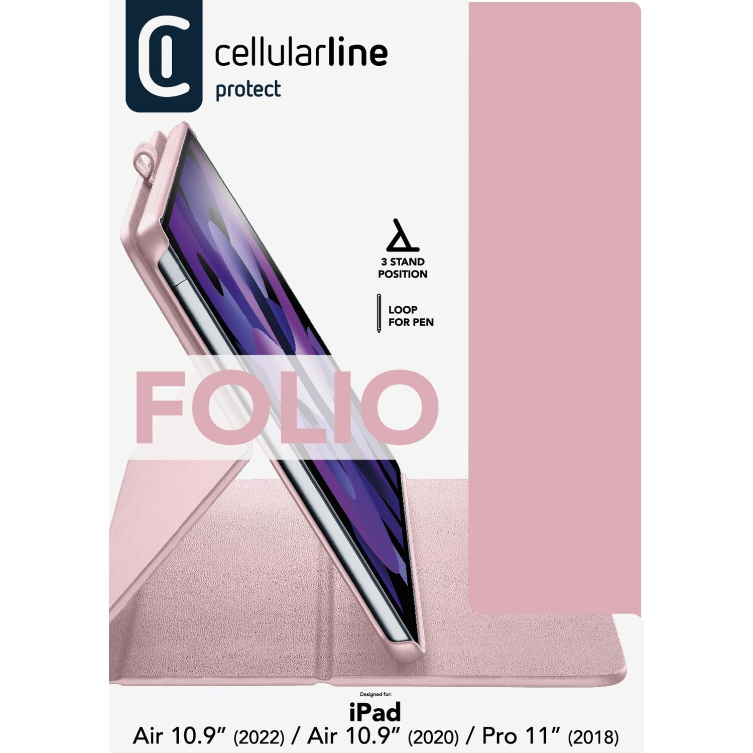Pink iPad case with an iPad inside, showing the screen.