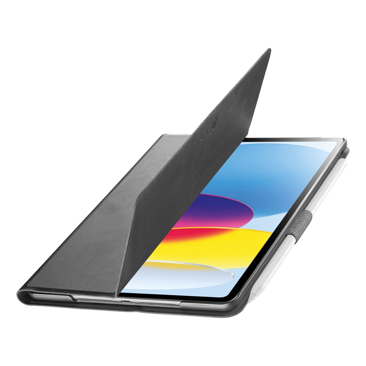 An open black iPad case with a screen and a stylus, on a white background.