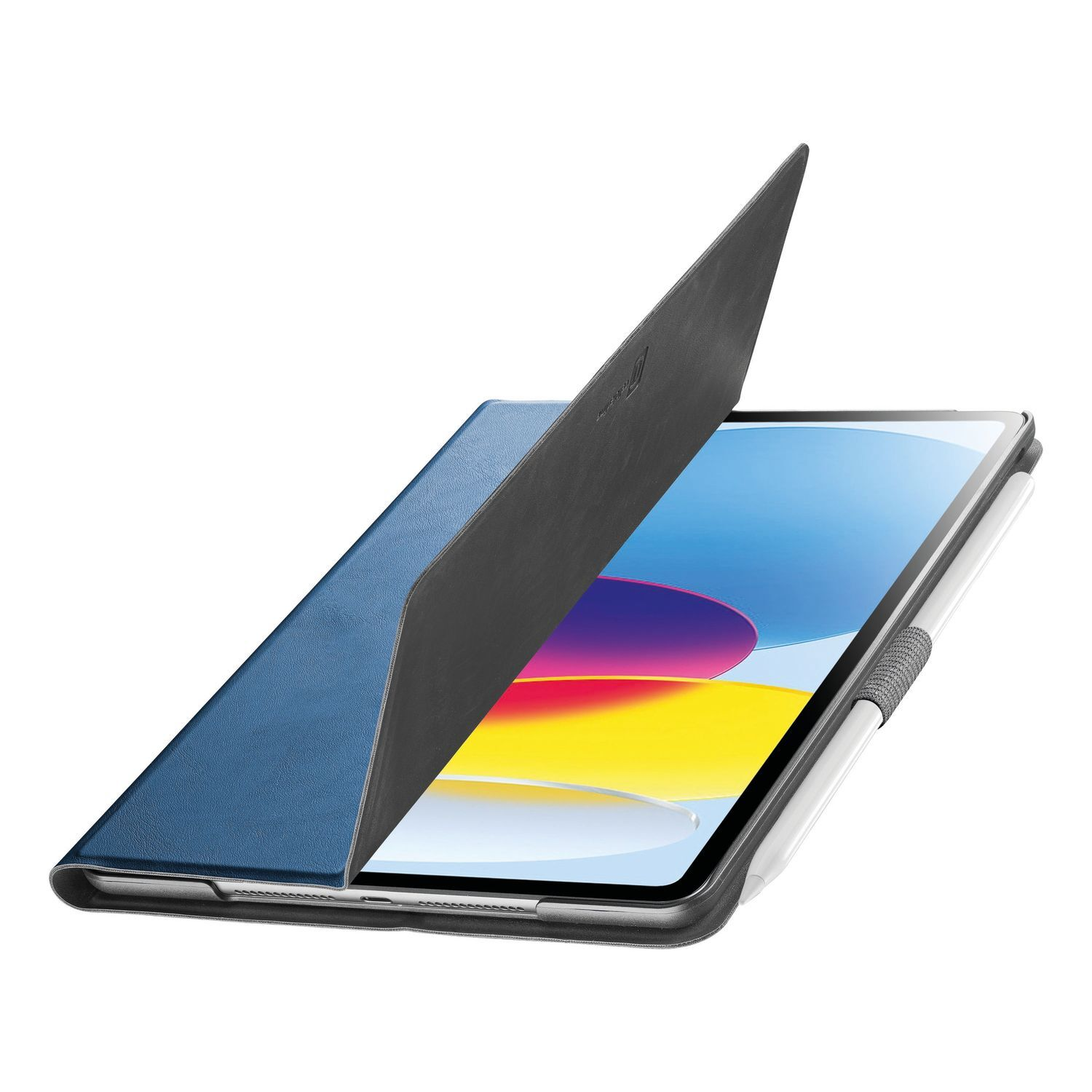 Tablet with blue cover, open. Pencil is attached. The screen displays a colorful interface.