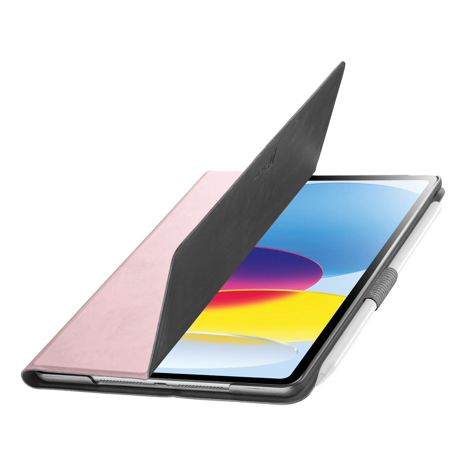 Tablet in a pink case, open, with a pencil.