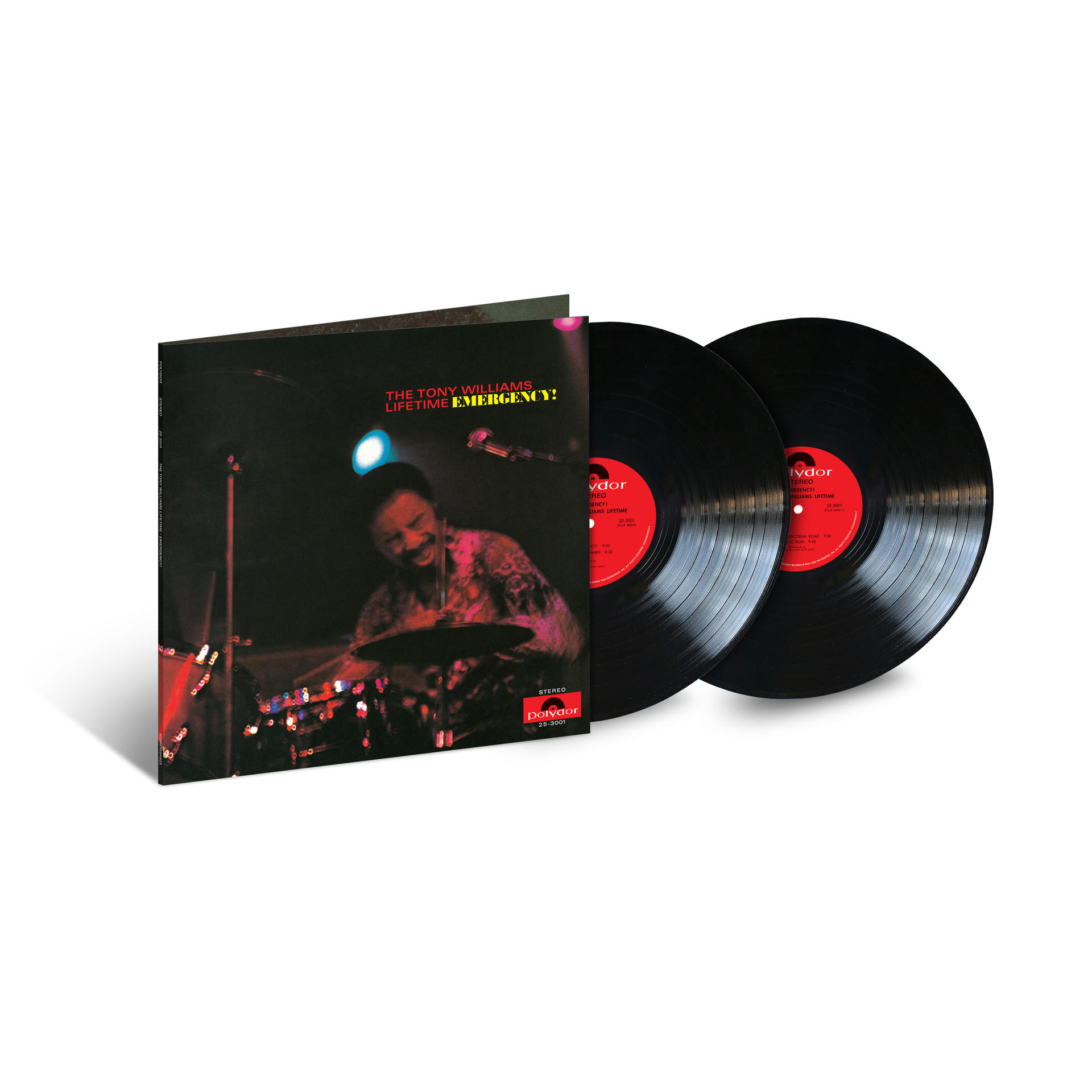 Das Albumcover und die Schallplatten von The Tony Williams Lifetime. Schwarze Platten mit roten Etiketten auf weißem Grund.