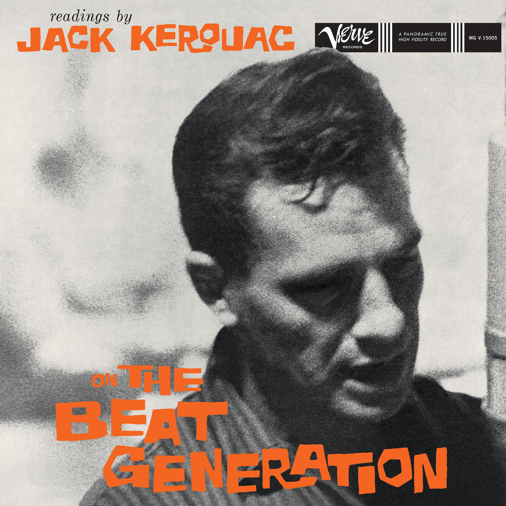 Albumcover von Jack Kerouac mit Text in Orange und einem Schwarzweißfoto.