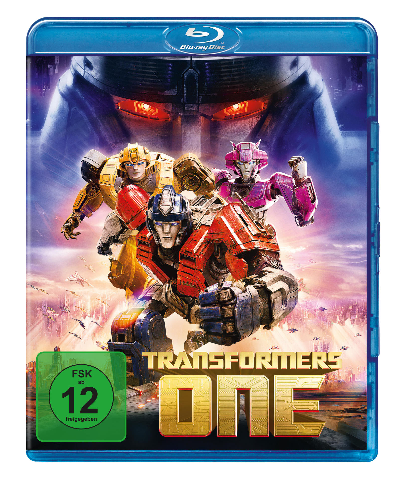 Blu-ray-Cover. Transformers-Roboter vor einem Stadt-Hintergrund. Der Titel lautet "Transformers One".