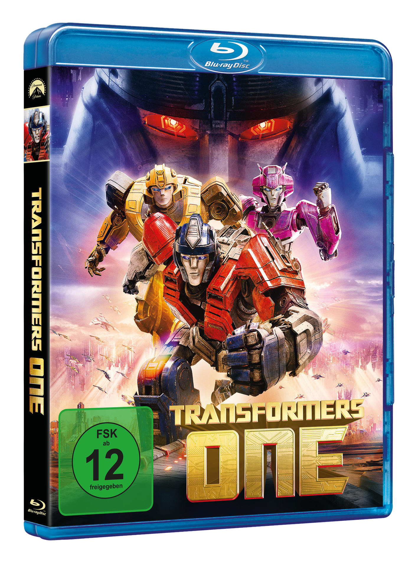 Blu-ray-Disc-Cover für Transformers One. Mit Roboterfiguren und blau-lila Hintergrund.