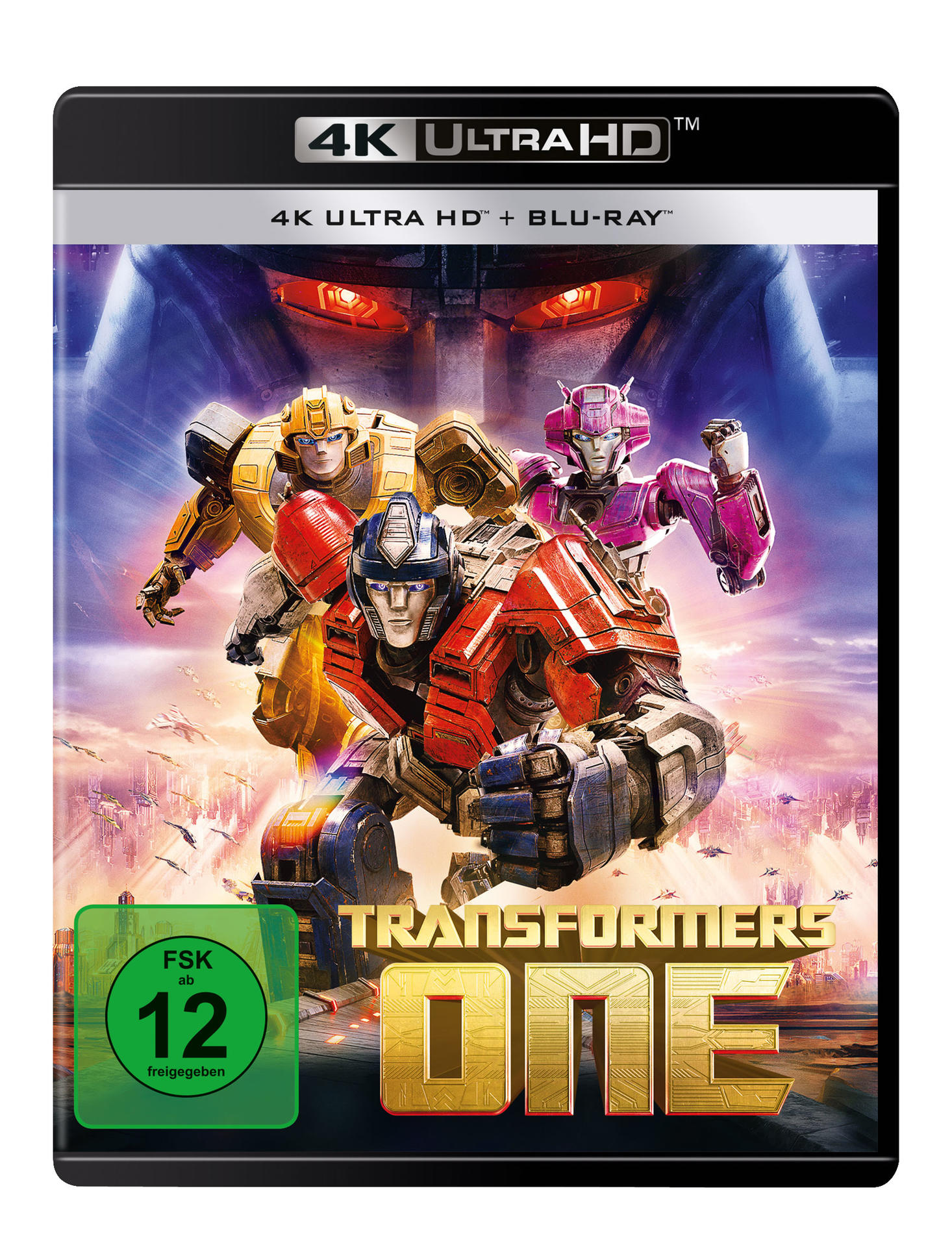 Transformers One Blu-ray-Hülle mit Robotercharakteren. Grüne FSK 12 Bewertung. Schwarz.