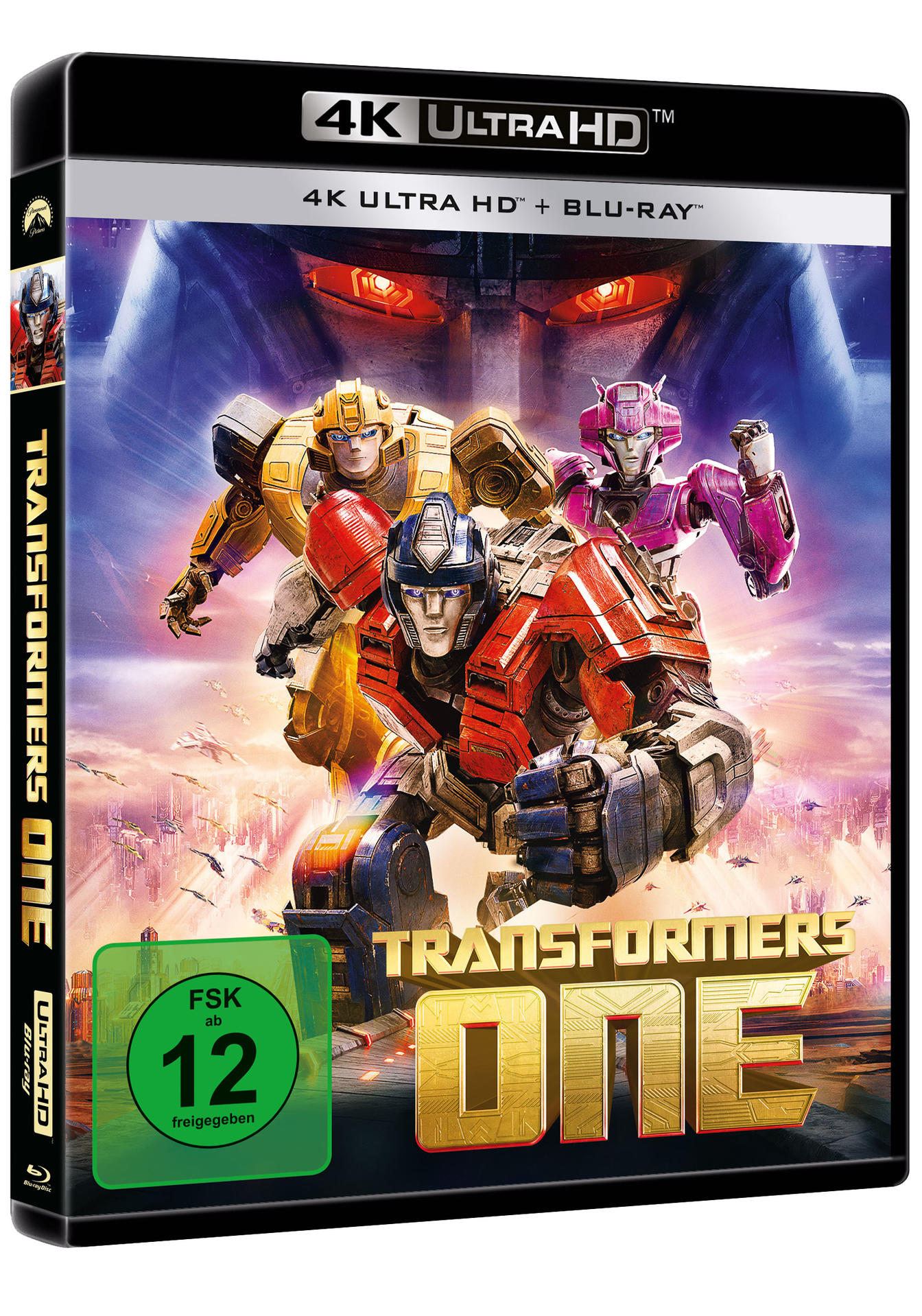 Blu-ray-Cover von Transformers One, mit animierten Robotercharakteren und einer futuristischen Stadtlandschaft.