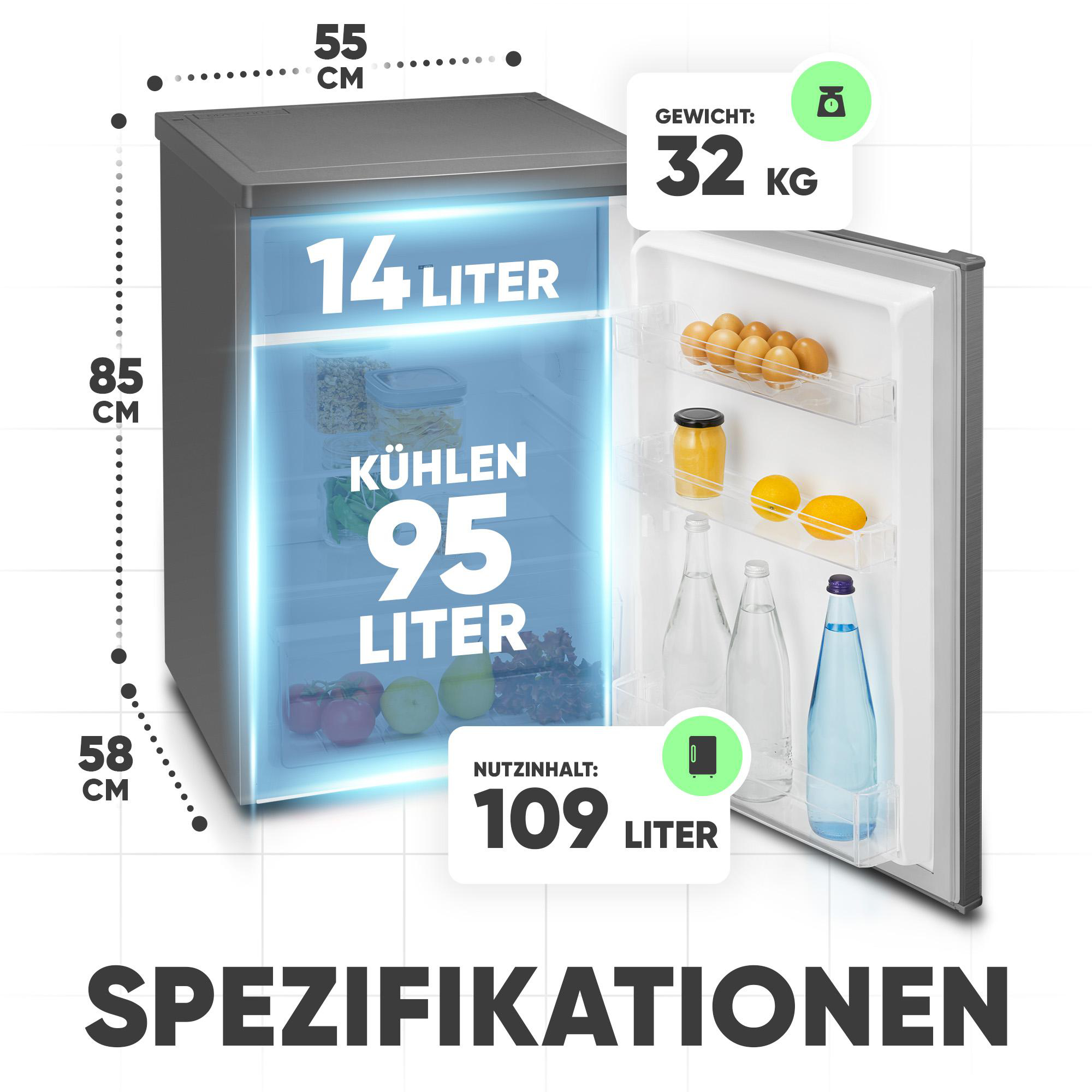 Kleiner Kühlschrank mit offener Tür, der das Innere mit Essen und Kapazitätsinformationen zeigt.