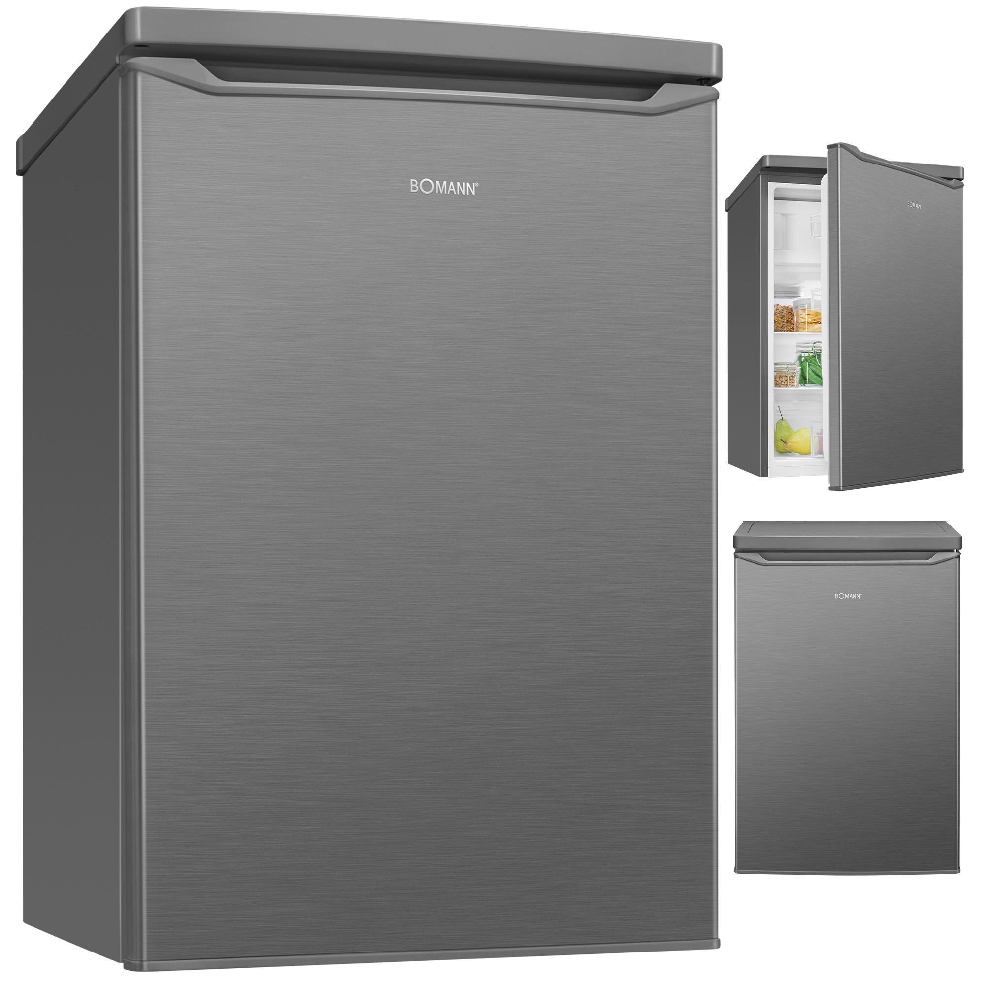 Grauer Bomann Mini-Kühlschrank mit offener und geschlossener Tür, zeigt Innenregale. Silber-Finish.