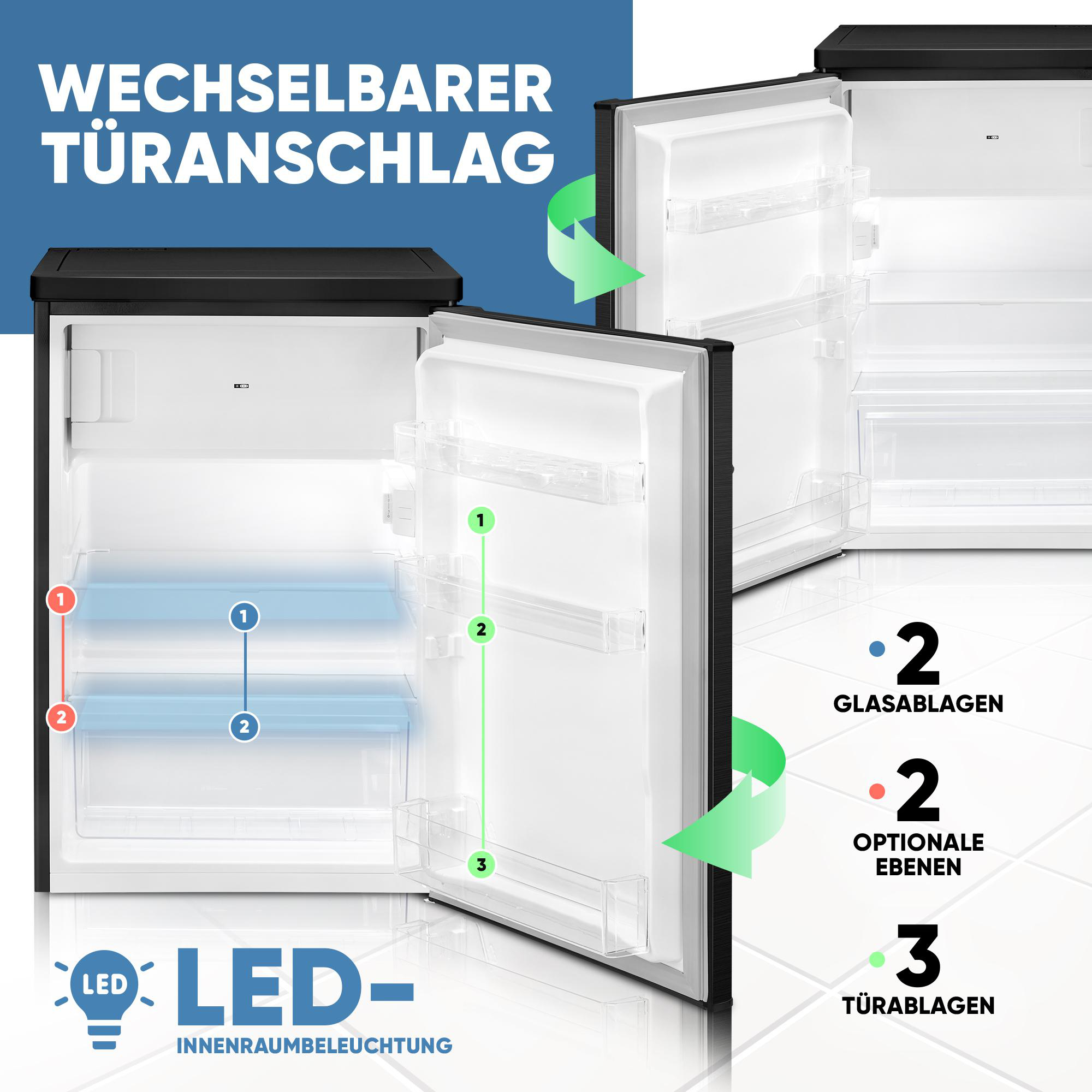 Ein Kühlschrank ist geöffnet und zeigt Regale und Türfächer. Text hebt Merkmale wie wechselbare Tür und LED-Beleuchtung hervor.