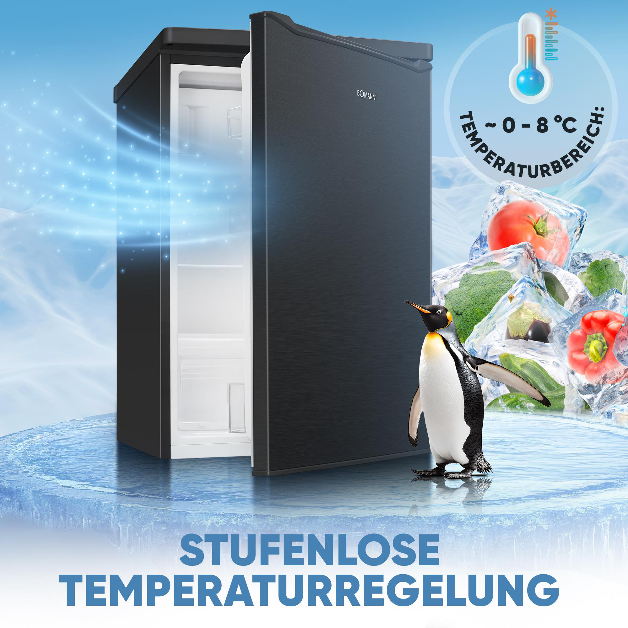Ein schwarzer Kühlschrank mit offener Tür, Pinguin, Gemüse in Eis und Temperaturanzeige.