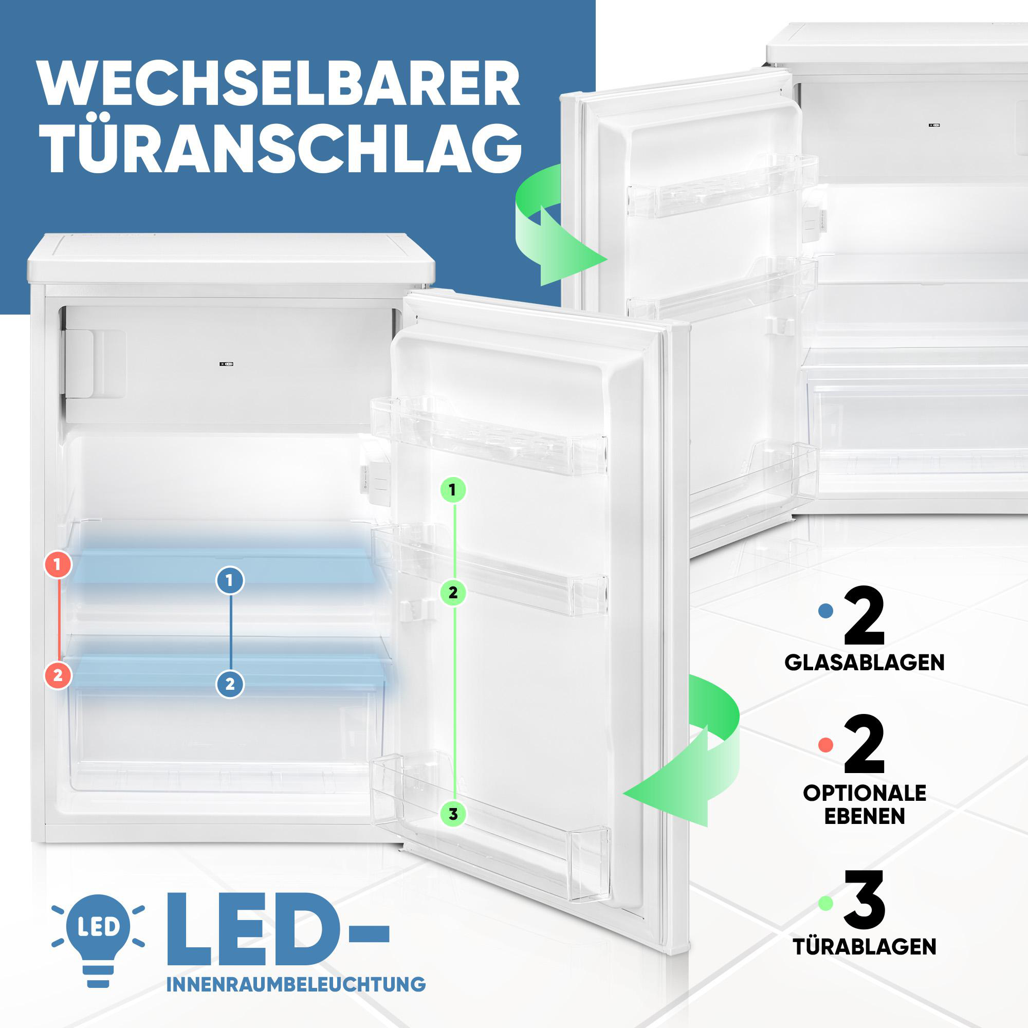 Ein weißer Kühlschrank mit offener Tür, der Regale, Türregale und Text zeigt, der Funktionen wie LED-Beleuchtung hervorhebt.