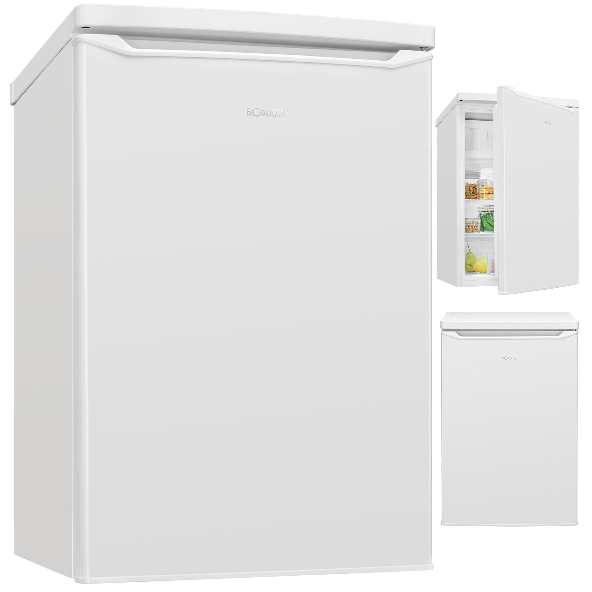 Ein weißer Kühlschrank mit drei Ansichten. Eine zeigt die offene Tür mit Regalen und Lebensmitteln.