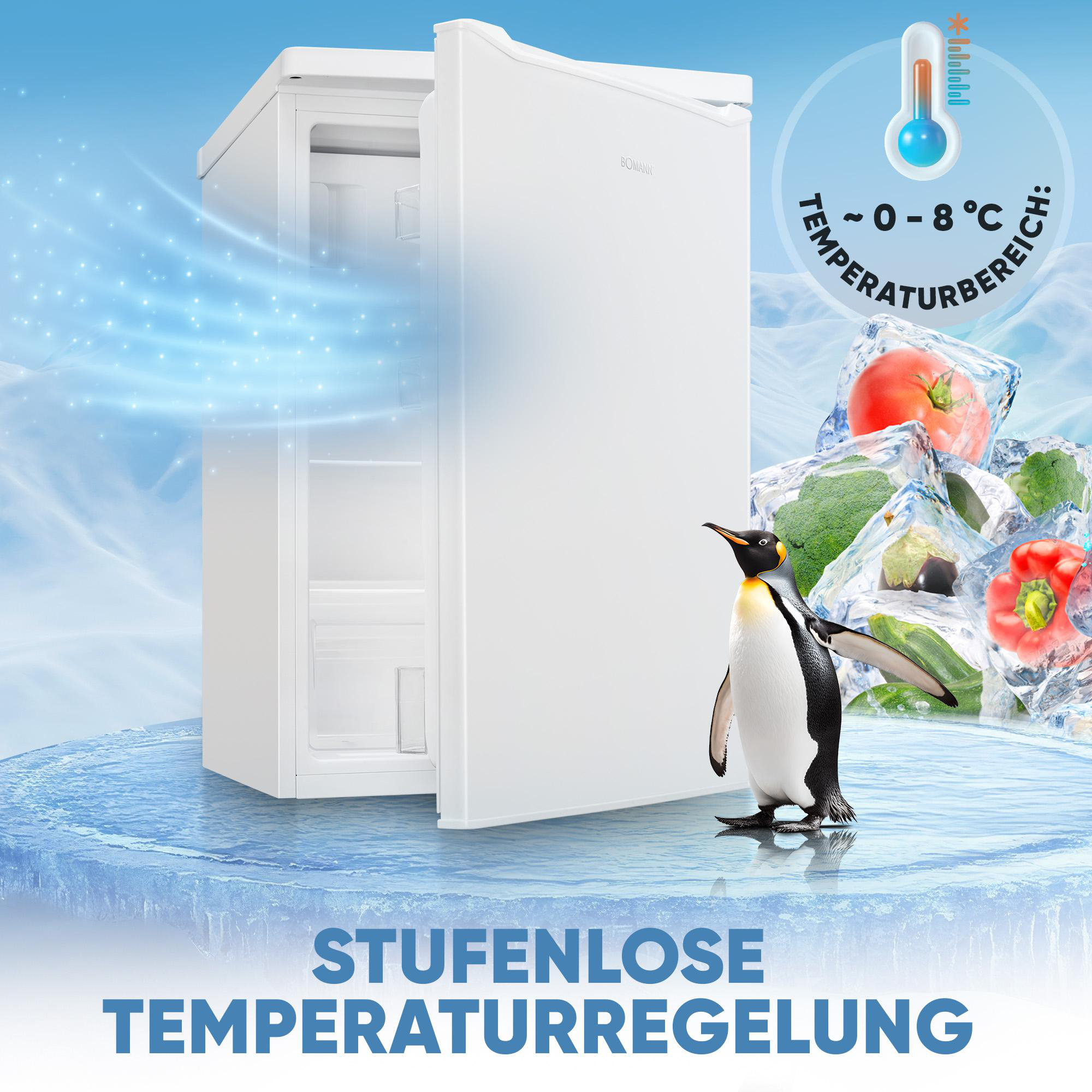 Ein weißer Kühlschrank mit offener Tür steht neben einem Pinguin. Gemüse in Eiswürfeln ist im Hintergrund.