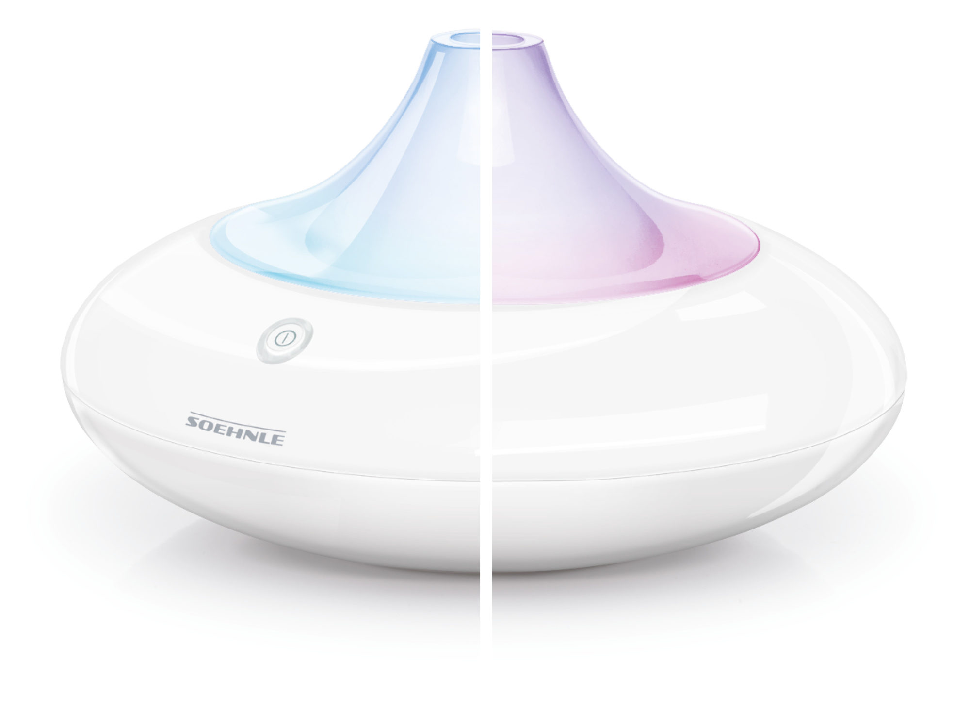 Biały dyfuzor olejków eterycznych z niebieskim i różowym światłem. Na białej powierzchni.