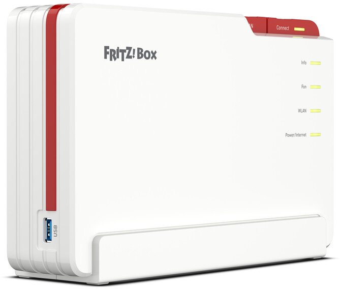 Weißer FRITZ!Box Router mit rotem Streifen, verschiedenen Kontrollleuchten und USB-Anschluss.
