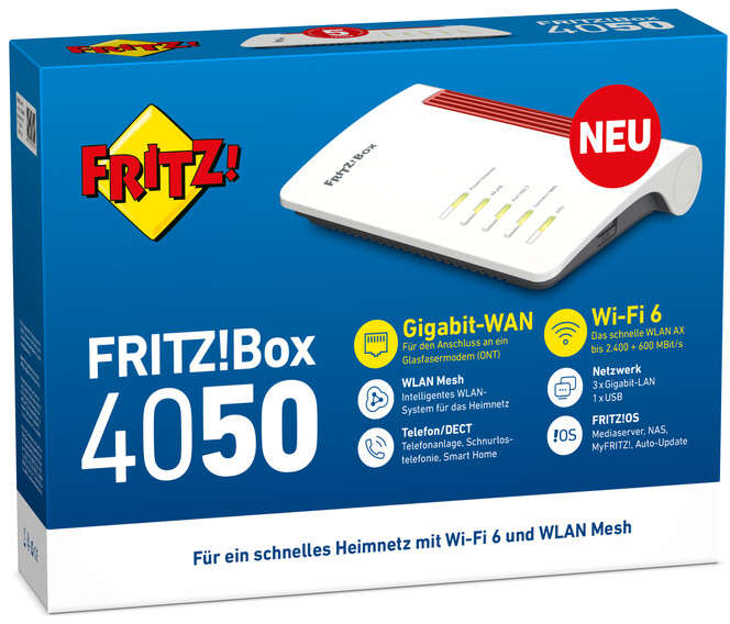 Blaue Box mit weißem Router. Text enthält 'FRITZ!Box 4050', 'Wi-Fi 6' und 'Gigabit-WAN'. Ein roter 'NEU'-Aufkleber.