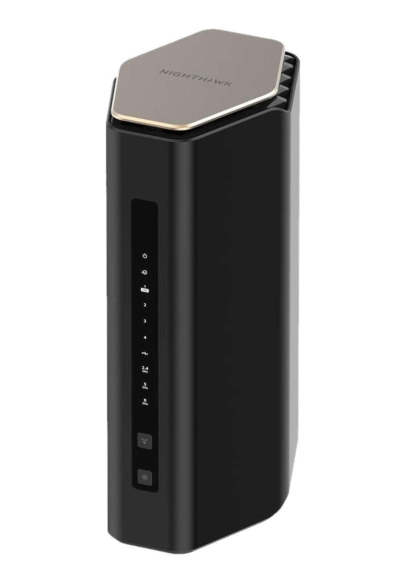 Router nero con parte superiore dorata, con spie di stato laterali.