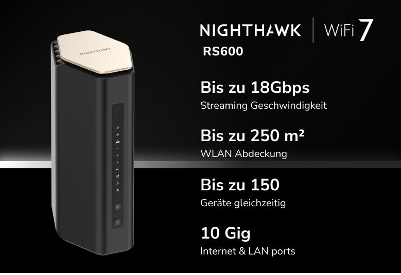 Router nero e oro con testo che descrive le sue funzionalità.