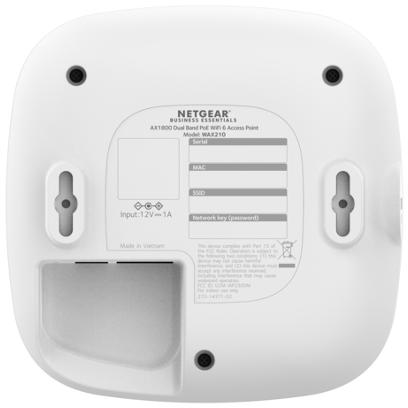 Rückseite eines weißen NETGEAR Wi-Fi-Zugangspunkts. Text und Etiketten sind sichtbar.
