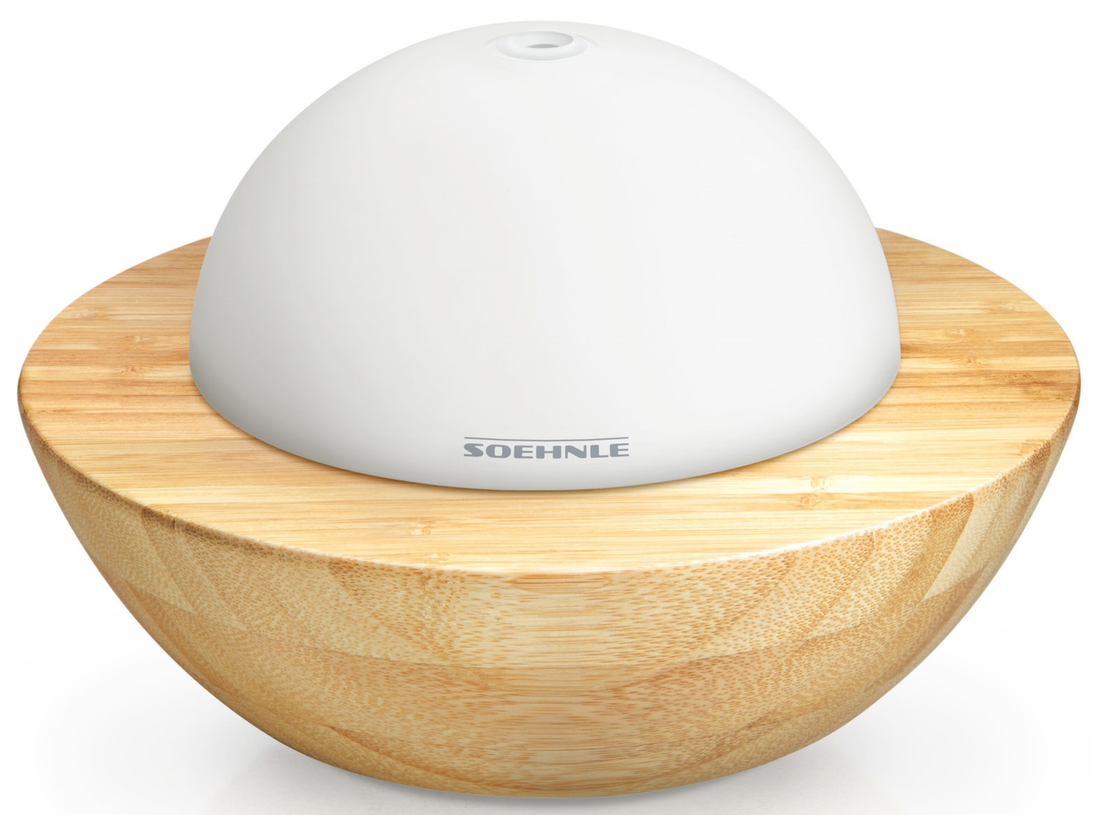 Biały dyfuzor zapachów, kopuła na bambusowej podstawie, z logo SOEHNL.